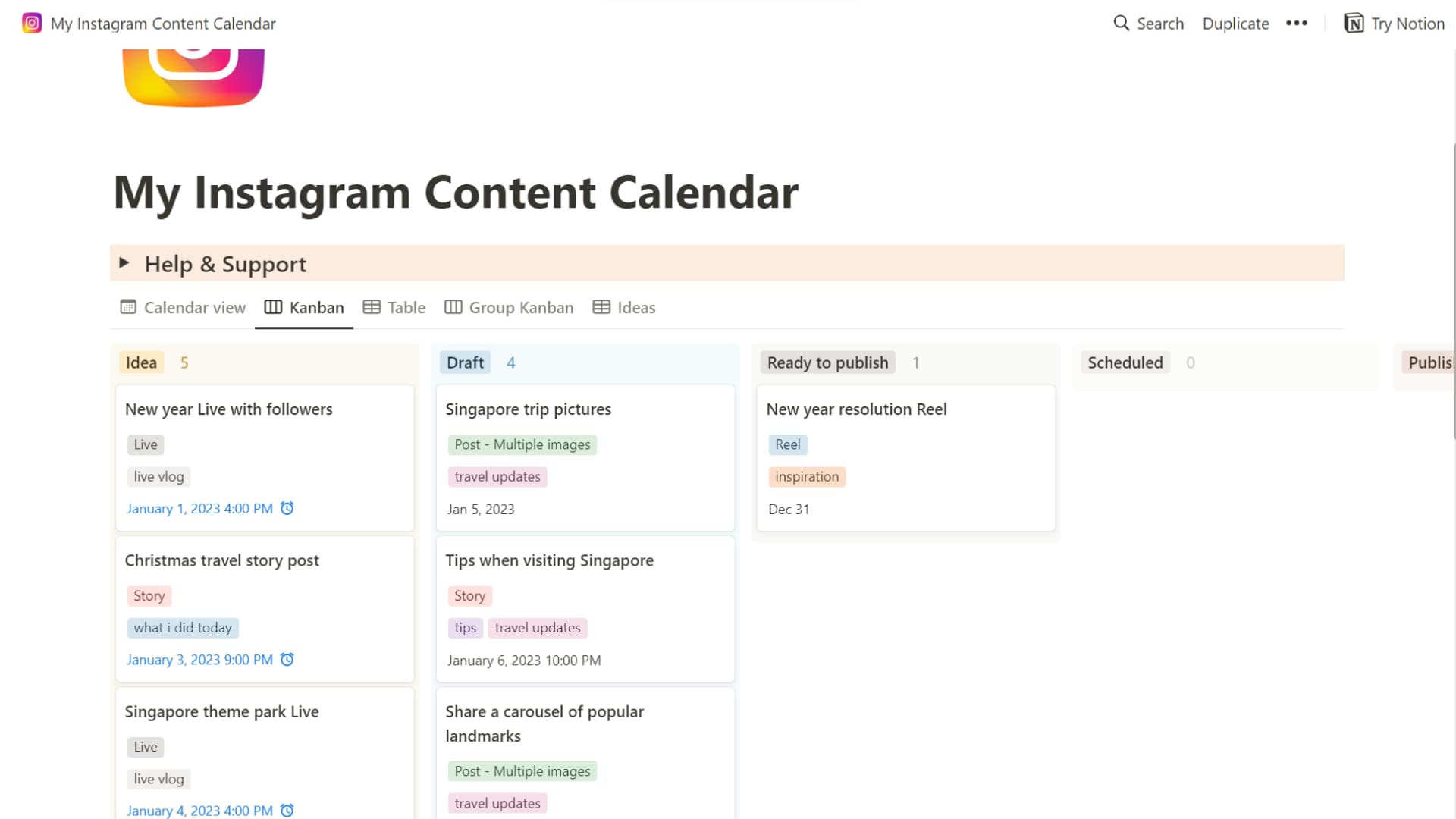 kanban view of instagram content calendar template